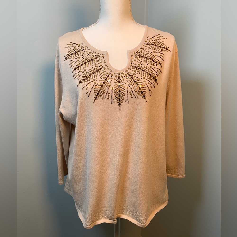 ALFRED DUNNER Women's Fashion Sweater Pullover cream Glitter 3/4 Sleeve Crewneck